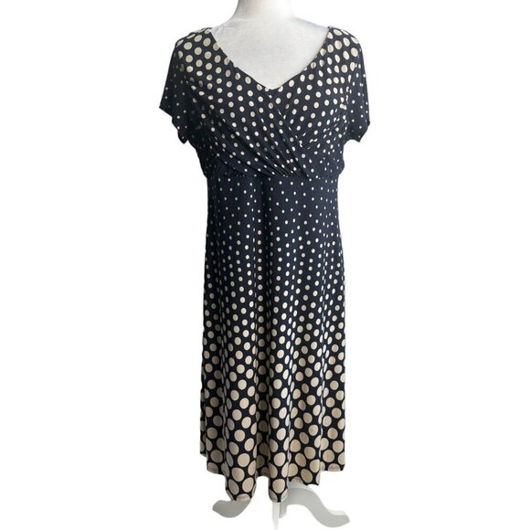 MSK A-Line Dress Tan Polka Dot on Navy Blue Empire Waist Women's Size 12 - Picture 1 of 7
